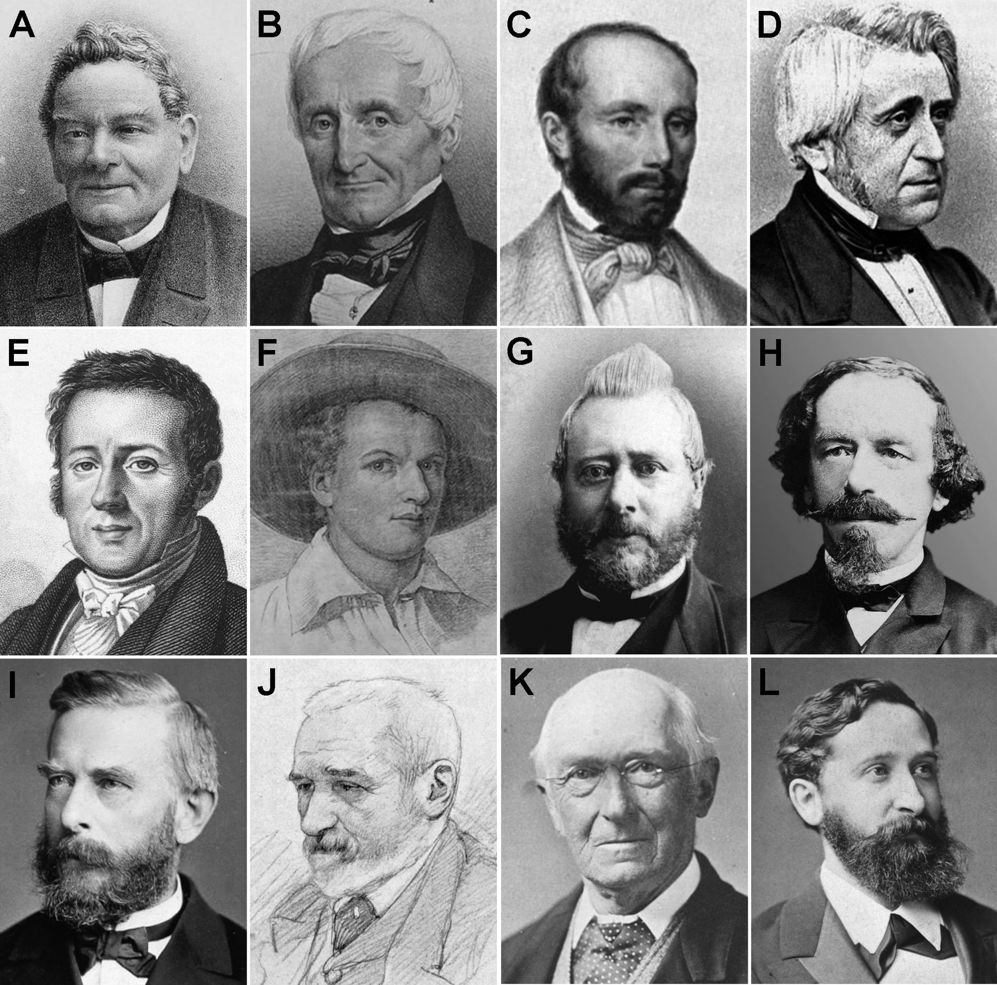 Some of the 19th-century naturalists behind the groundsnake names: (A) Hermann Schlegel, (B) Constant Duméril, (C) Gabriel Bibron, (D) Auguste Duméril, (E) René-Primevère Lesson, (F) Pieter van Oort in a self-portrait, (G) Pieter Bleeker, (H) Hermann von Rosenberg, (I) Wilhelm Peters, (J) Fedor Jagor, (K) Albert Günther and (L) Adolf Bernhard Meyer.