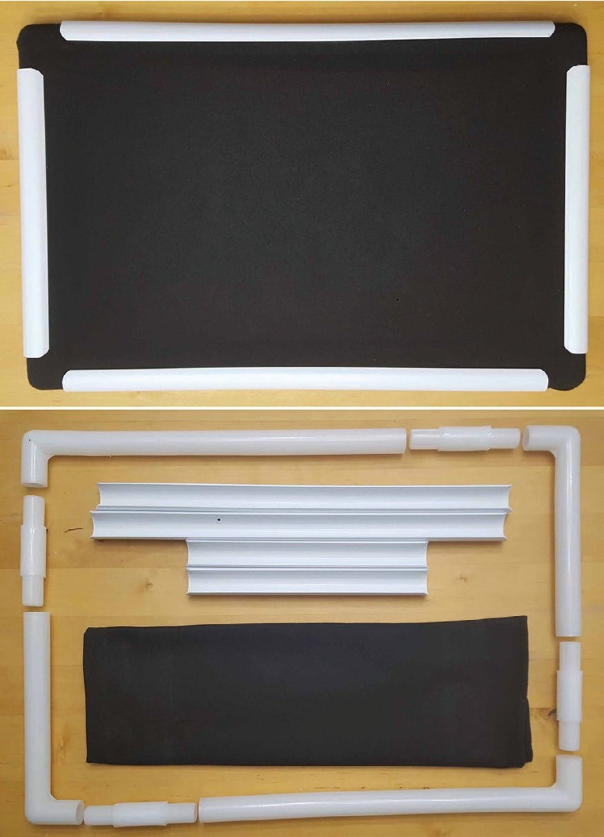 Our portable background: a plastic crochet frame with black T-shirt cotton clipped taut (top), and the same frame taken apart for travel (bottom).