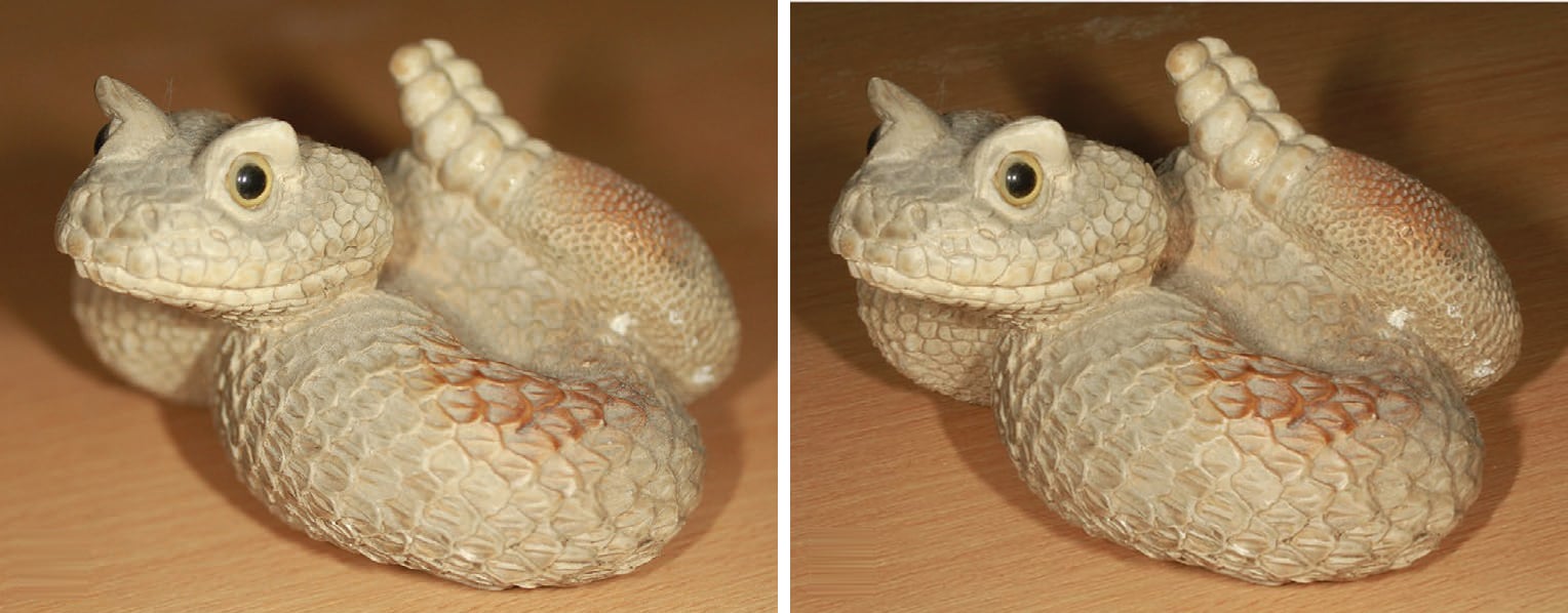 Depth of field on a model snake. At a wide aperture (left, f/4) the front and back of the model are blurred. At a narrow aperture (right, f/32) everything is in focus.