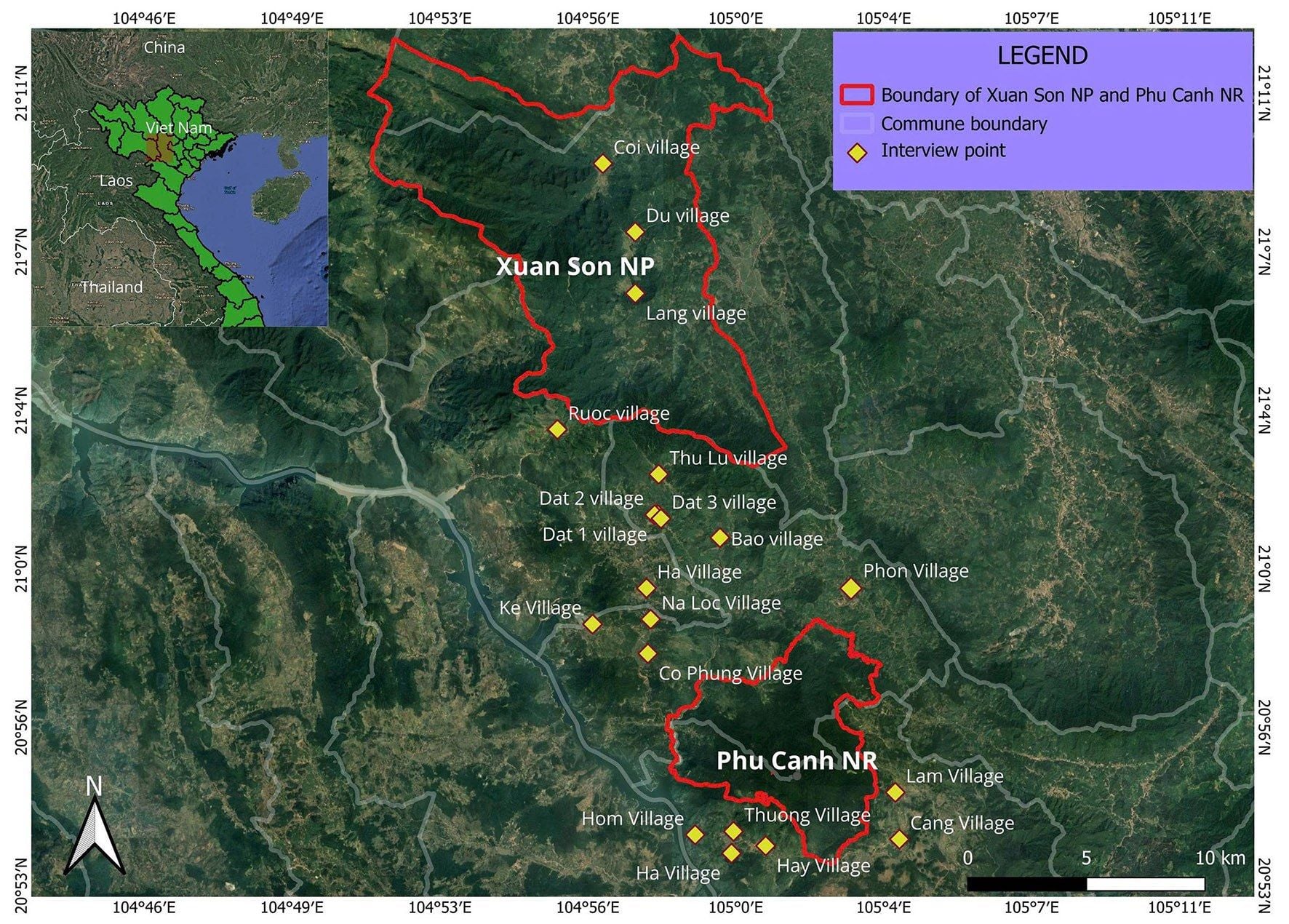 The two protected areas in Phu Tho Province, with the villages where the team interviewed residents marked by yellow diamonds.