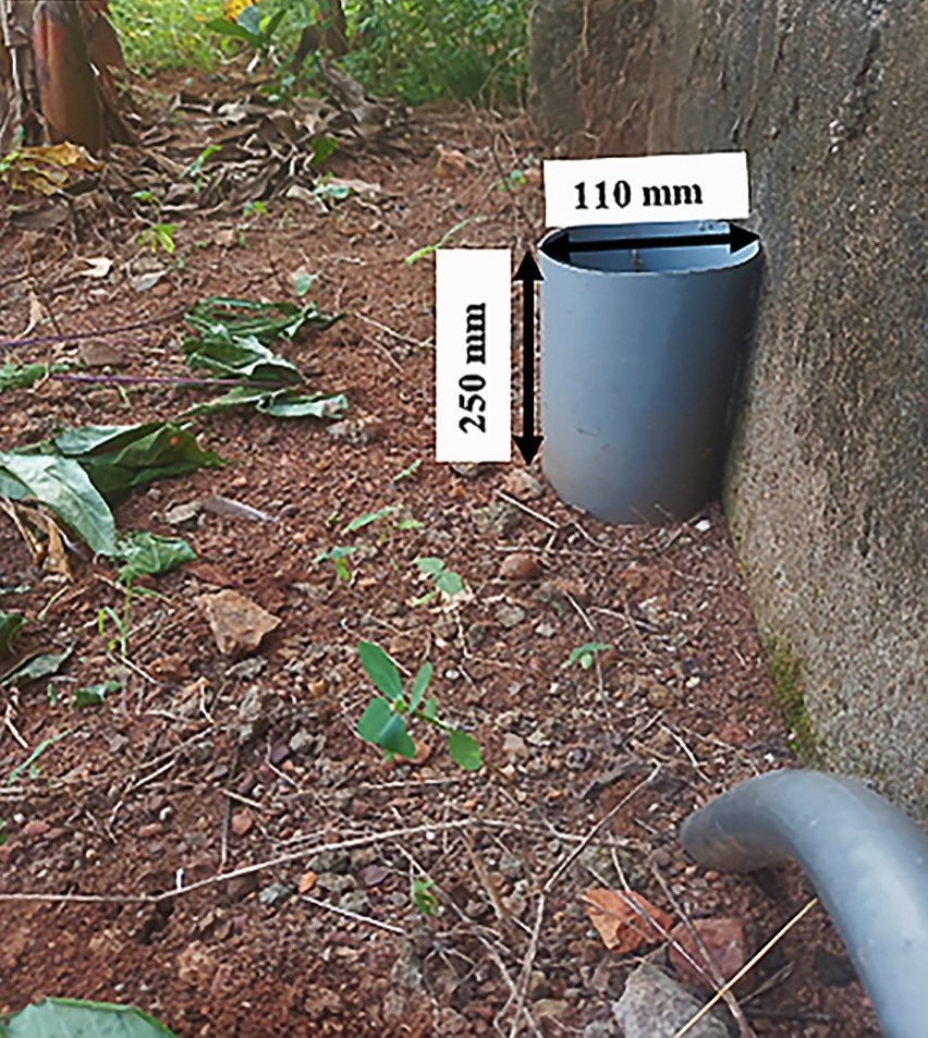 The pipe where the scorpion caught the toad, standing against a wall in the garden plot. The labels give its size.