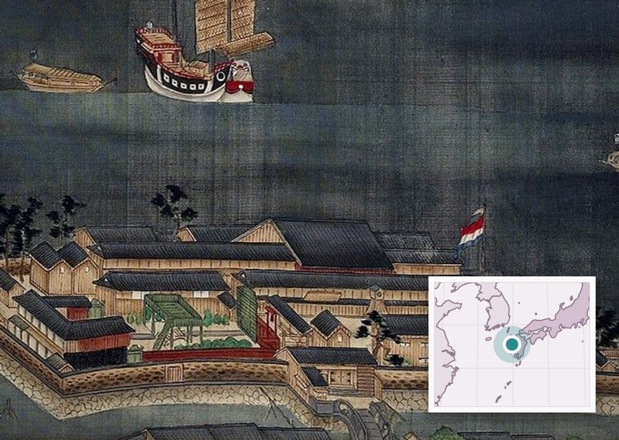 Dejima, the small fan-shaped Dutch trading island, with Dutch ships at anchor nearby. For over two centuries it was one of the few windows between Japan and Europe.