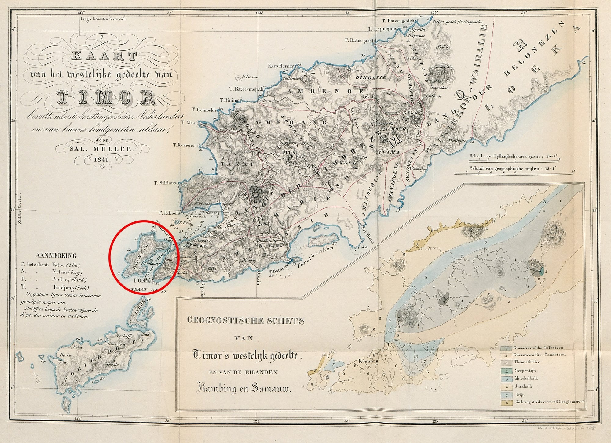 Salomon Müller's 1841 map of western Timor. Semau, where the snakes were collected, is the small island circled in red, just off the island's southwestern tip.